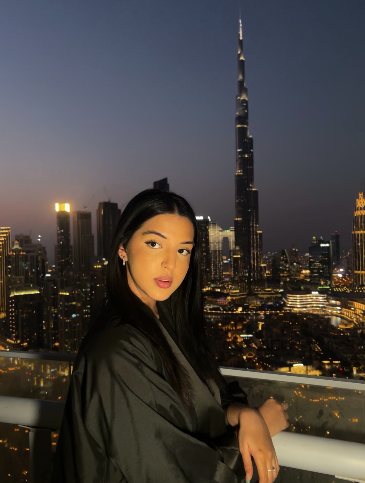 Zara Azad against the Dubai skyline